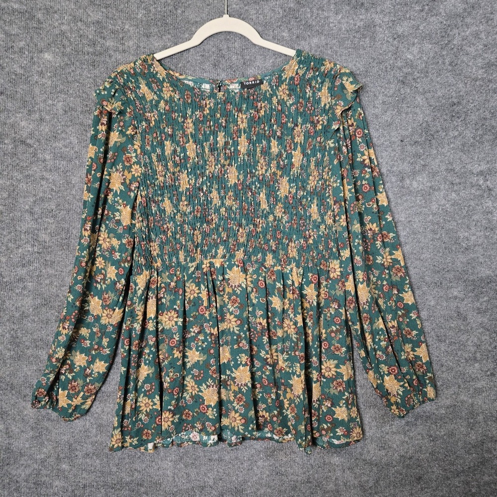 Torrid Top Womens L Forest Green Floral Tunic Smocked Ruffle Peplum Earthy